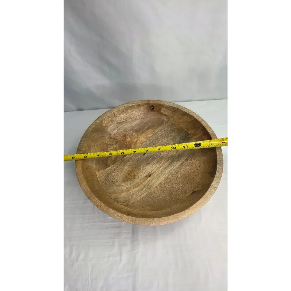 Mango Wood Salad Bowl 12” Hand Carved Striped Decorative Rustic Farmhouse